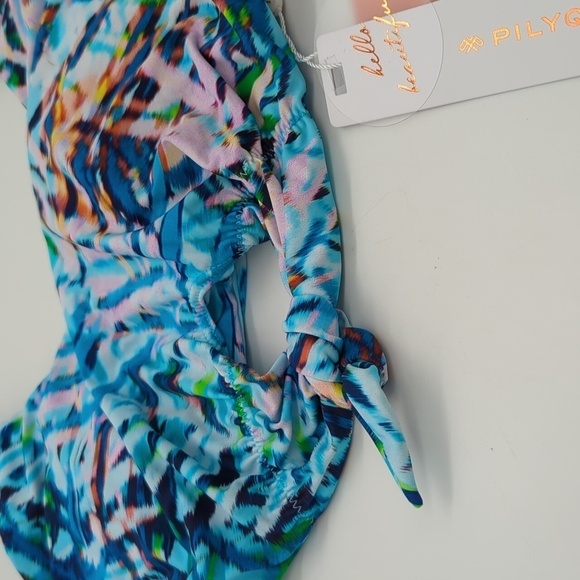 Pilyq Palmas Knot bikini top blue tie front Medium - Picture 3 of 8
